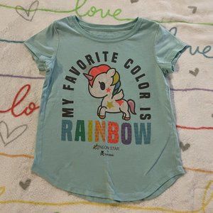 Teal Blue Rainbow Unicorn Glitter Tee Top Shirt Girls sz Medium M 7/8